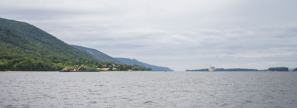 View of the Zhiguli mountains in the Samara region, Russia. Cloudy day, August 10, 2018.