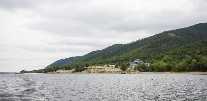 View of the Zhiguli mountains in the Samara region, Russia. Cloudy day, August 10, 2018.