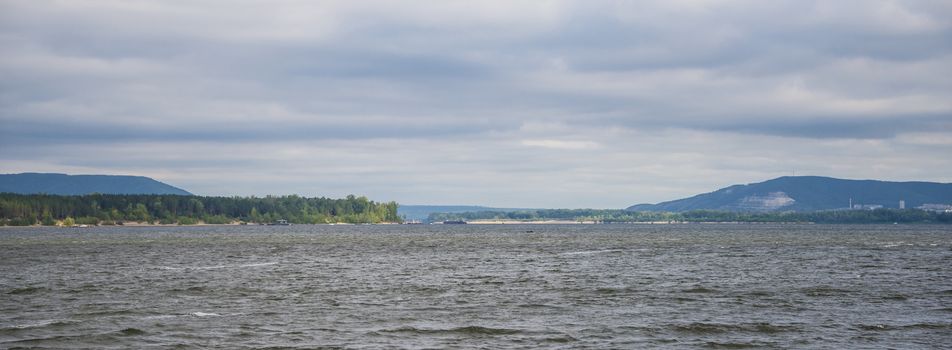 View of the Zhiguli mountains in the Samara region, Russia. Cloudy day, August 10, 2018.