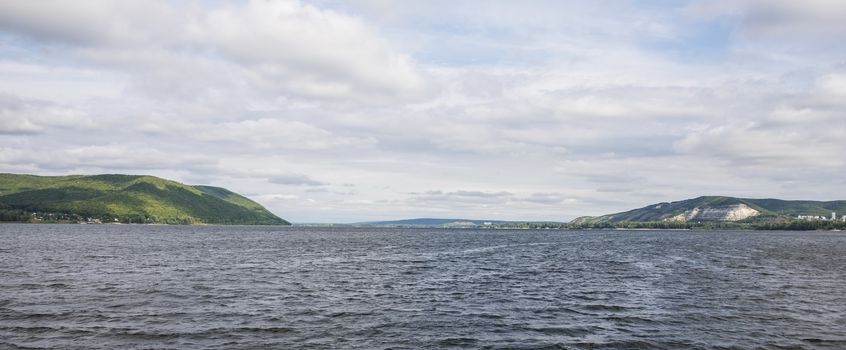 View of the Zhiguli mountains in the Samara region, Russia. Cloudy day, August 10, 2018.