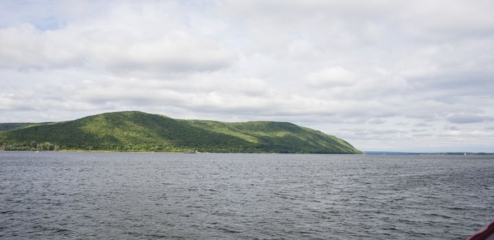 View of the Zhiguli mountains in the Samara region, Russia. Cloudy day, August 10, 2018.