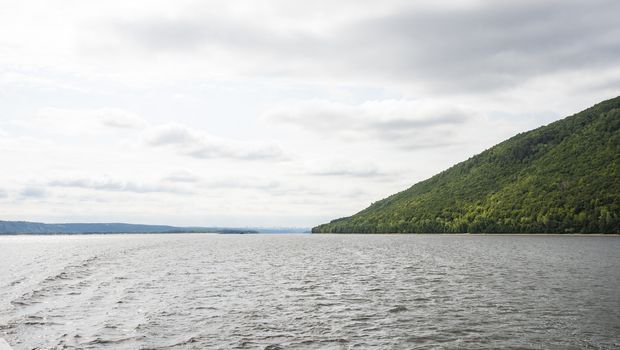 View of the Zhiguli mountains in the Samara region, Russia. Cloudy day, August 10, 2018.