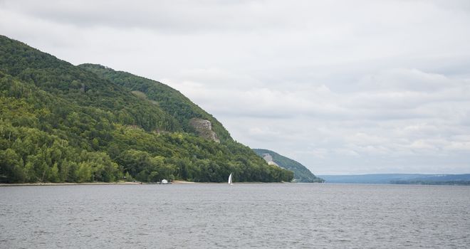 View of the Zhiguli mountains in the Samara region, Russia. Cloudy day, August 10, 2018.