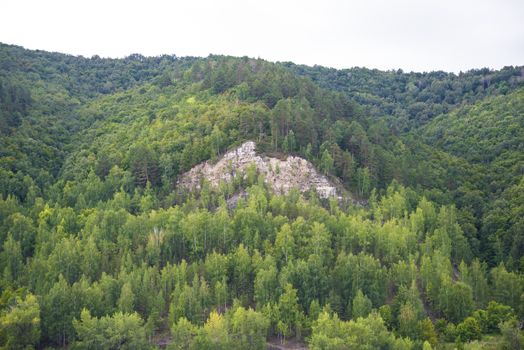View of the Zhiguli mountains in the Samara region, Russia. Cloudy day, August 10, 2018.