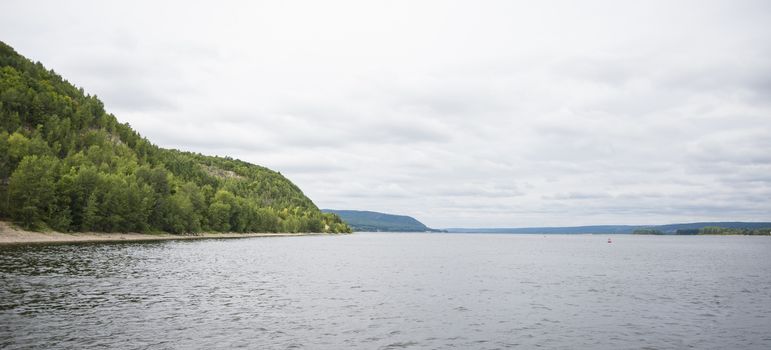 View of the Zhiguli mountains in the Samara region, Russia. Cloudy day, August 10, 2018.