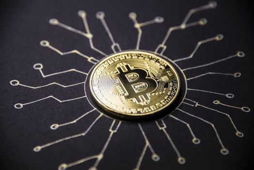 Gold coin Bitcoin lies on the painted chip.