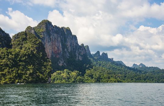 Landscape in Khao SOK national Park. Mountains and lake on a Sunny day.