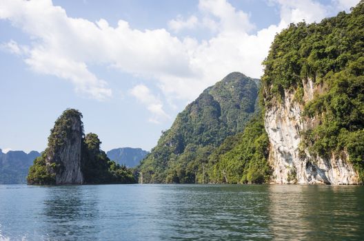 Landscape in Khao SOK national Park. Mountains and lake on a Sunny day.