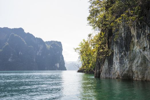 Landscape in Khao SOK national Park. Mountains and lake on a Sunny day.