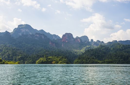 Landscape in Khao SOK national Park. Mountains and lake on a Sunny day.