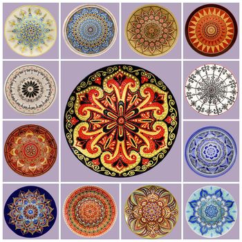 Set of decorative ceramic dishes hand-painted with acrylics and floral pattern on a purple background.