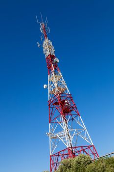 Communications tower with a beautiful blue sky on Puerto Real, Cadiz, Spain