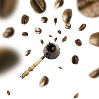 Turka and coffee beans in flight on white background.