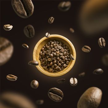 Coffee beans in flight on a dark background.