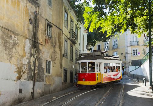 art impression of people getting on the Yellow tram goes by the street of Lisbon city center on September 26, 2015. Lisbon is a capital and must famous city of Portugal