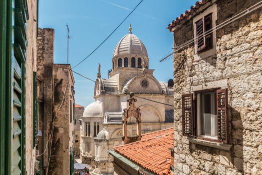 Croatia, city of Sibenik, panoramic view of the old town center and cathedral of St James, most important architectural monument of the Renaissance era in Croatia, UNESCO World Heritage.