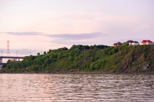 Bridge over the Amur river at sunset. Russia. Khabarovsk. Photo from the middle of the river