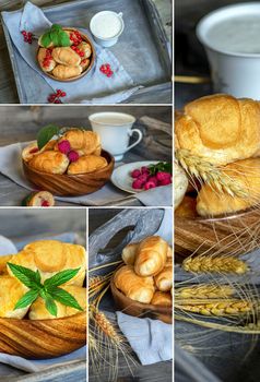Natural food. Photo collage. Rustic style and background. Croissants with raspberries on a wooden tray. The concept of a wholesome breakfast