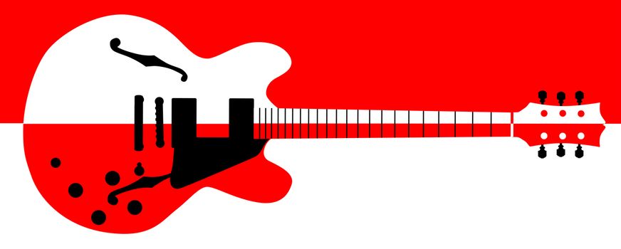A semi acoustic type guitar split into red and white