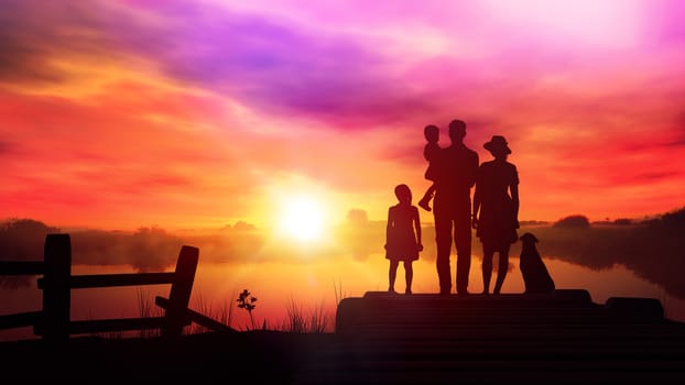Silhouettes of a family with two children standing on a wooden pier opposite the red sunset.