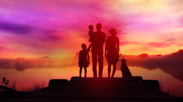 Silhouettes of a family with two children and a dog on a wooden pier opposite the red sunset.