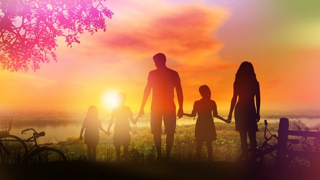 Against the background of a hot summer sunset, there are silhouettes of a family of five and bicycles lie nearby.