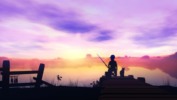 Silhouette of a fishing boy on a wooden pier at sunrise.