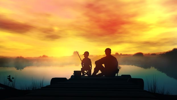 Father and son catch river fish from a wooden pier at dawn.