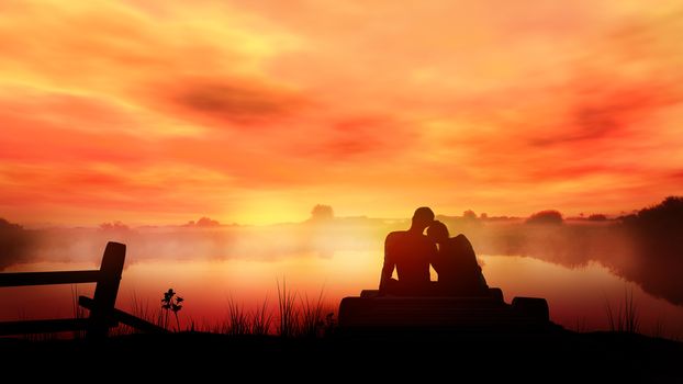 A loving couple is sitting on the pier in front of the lake on the background of a bright sunset.
