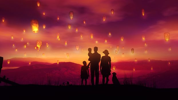 Family silhouettes standing against a red sunset and watching Chinese lanterns.
