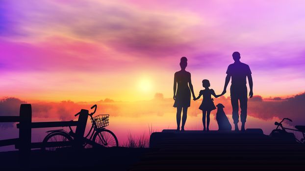 Family with a child watching the sunset standing on a wooden pier and holding hands.