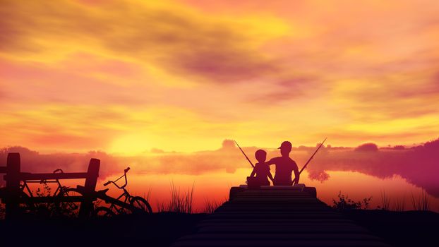 Silhouettes of two fishing boys and bicycles lie nearby on a background of a bright sunset.