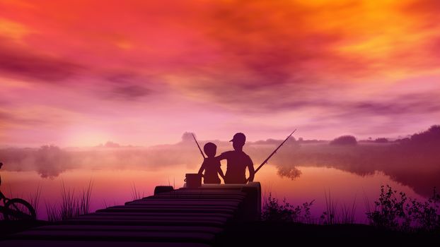 Silhouettes of two boys fishing on a background of red sunset.