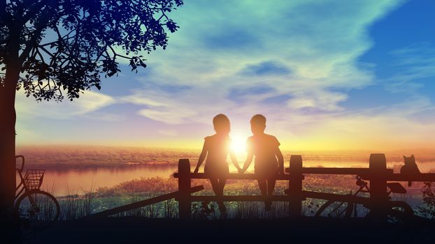 Silhouettes of a boy and a girl holding hands on the background of the summer sunset sun.