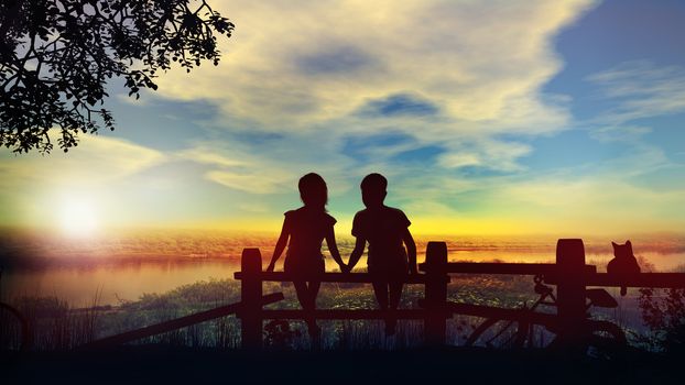 Silhouettes of a boy and a girl holding hands and watching summer sunset in the countryside.