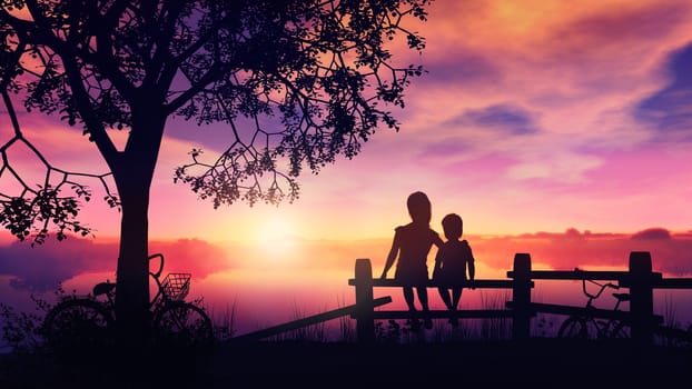 Silhouettes of a girl and a boy on the fence and bicycles lying nearby against the backdrop of summer sunset on the river