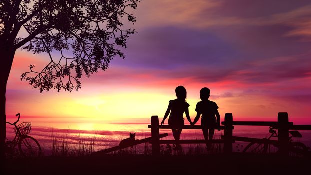 Silhouettes of a boy and a girl hold hands and watch the sea sunset after the cycle walk.