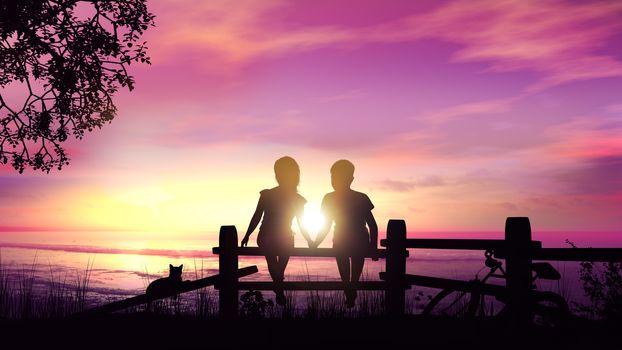 Silhouettes of a boy and a girl on the fence and bicycles lying nearby against the backdrop of summer sunset on the sea