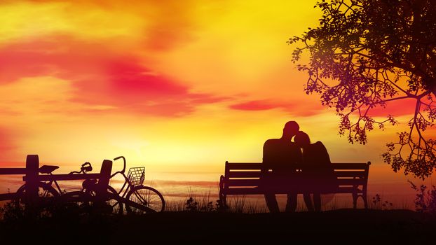 A married couple is sitting on a bench and watching the sunset and the ocean after a bike ride.