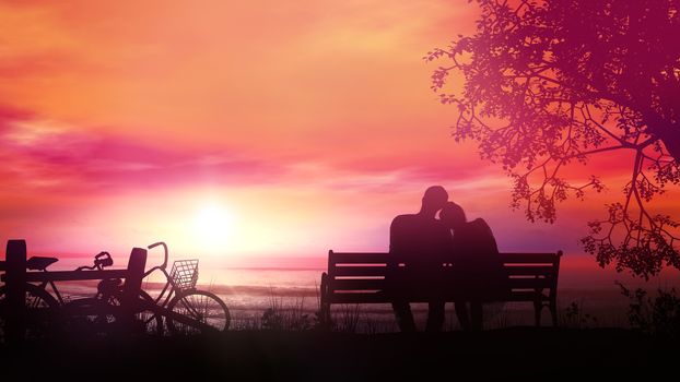 A married couple is sitting on a bench and watching the sunset and the ocean after a bike ride.