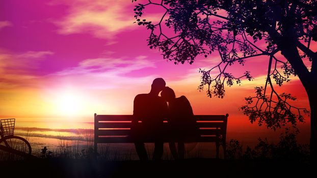 A married couple is sitting on a bench and watching the sunset and the ocean after a bike ride.