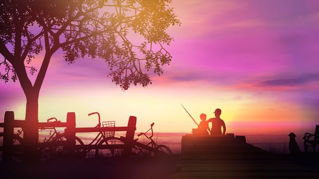 Silhouettes of two fishing boys and bicycles lying nearby on a background of a bright sunset.