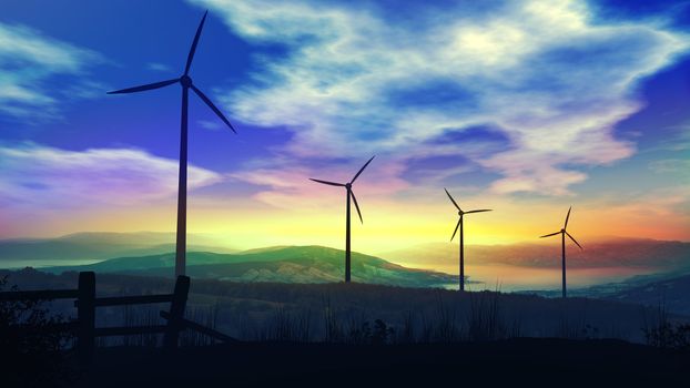 Silhouettes of wind power plants towering against the background of a beautiful landscape.
