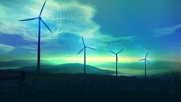Silhouettes of wind turbines with geometric drawings around blades are towering against the background of a beautiful landscape.