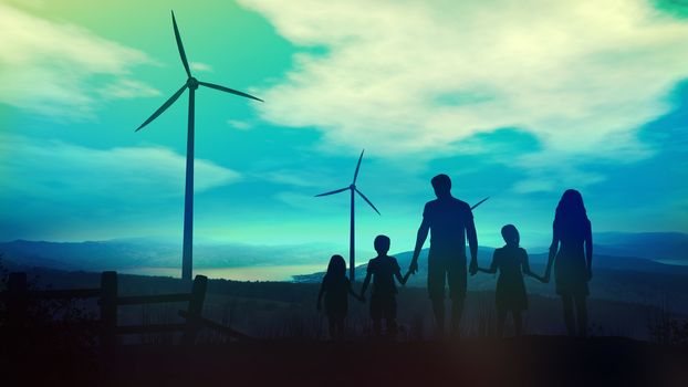 Silhouettes of family standing against the background of windmill power plants.