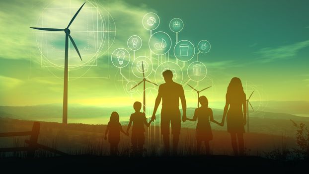 Silhouettes of family holding hands and standing against the background of wind power stations and infographics about the energy of the future.