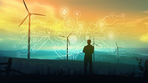 Silhouette of a man on the background of wind power plants and environmental infographics