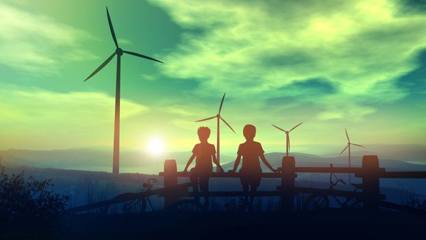 Silhouettes of two children sitting at sunset on the fence and watching the wind power plants.