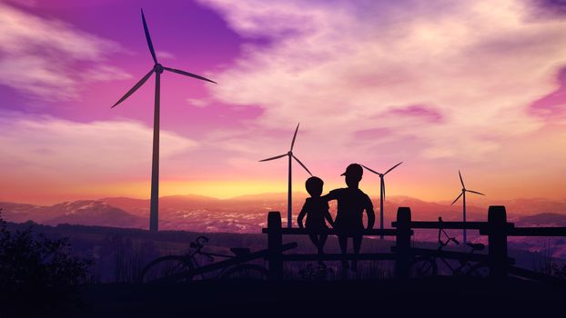 Two children watch the wind power plants work on the background of a bright sunset sun.