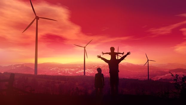 At sunset, a father with happy children is watching the wind power stations work.